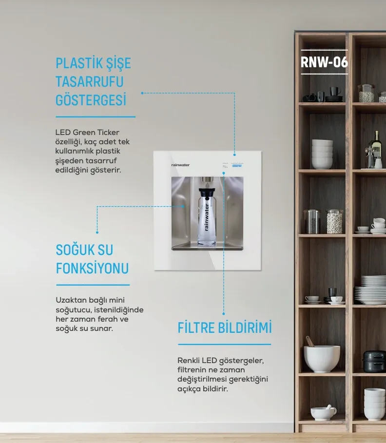 Rainwater RNW-06 Su Arıtma Cihazı, plastik tasarruflu ve LED filtresiyle.