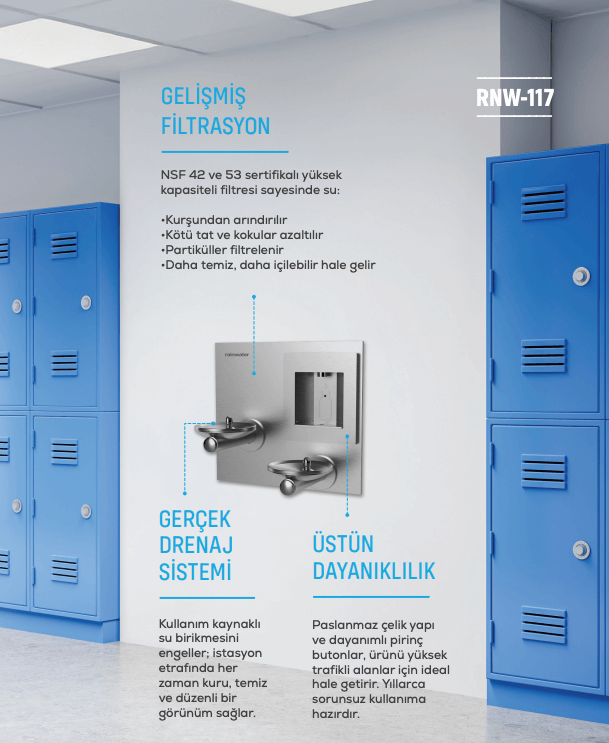 Rainwater RNW-117 gelişmiş filtrasyonlu su istasyonu lockers arka planıyla.