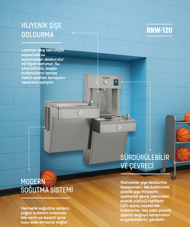 Rainwater RNW-120 hijyenik şişe dolum istasyonu, modern soğutma ve çevreci tasarım.