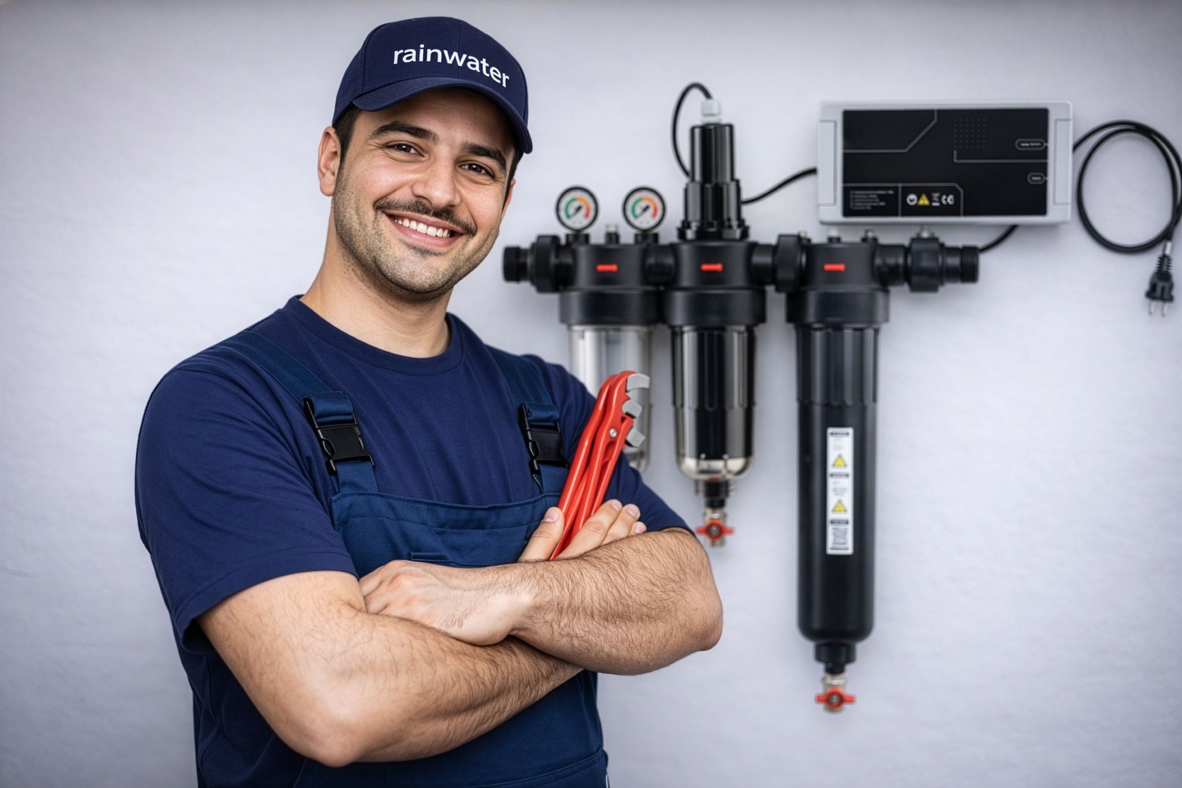 Rainwater teknisyeni duvara monte edilmiş UV filtre sistemi önünde