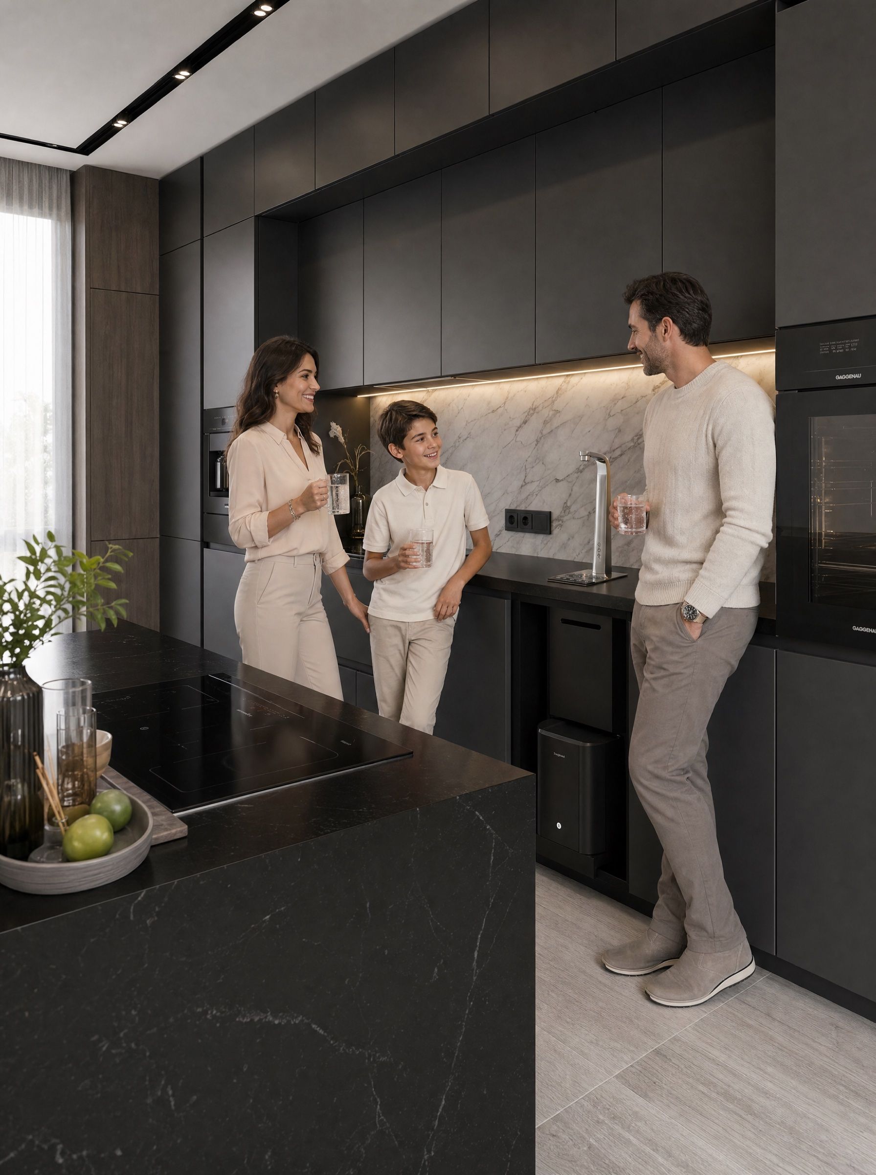Mutfakta RNW-T3 musluğun yanında aile